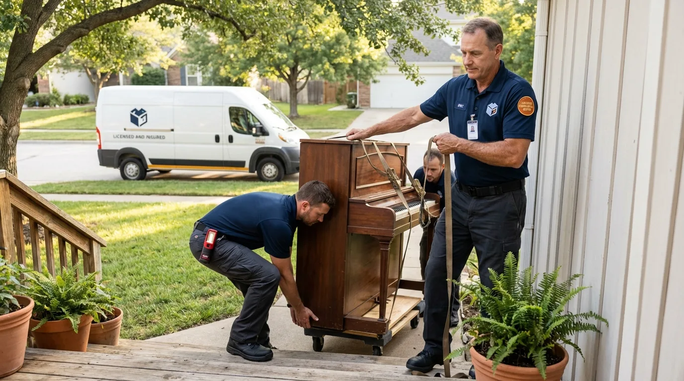 Licensed piano movers securing grand piano in Ashville, AL