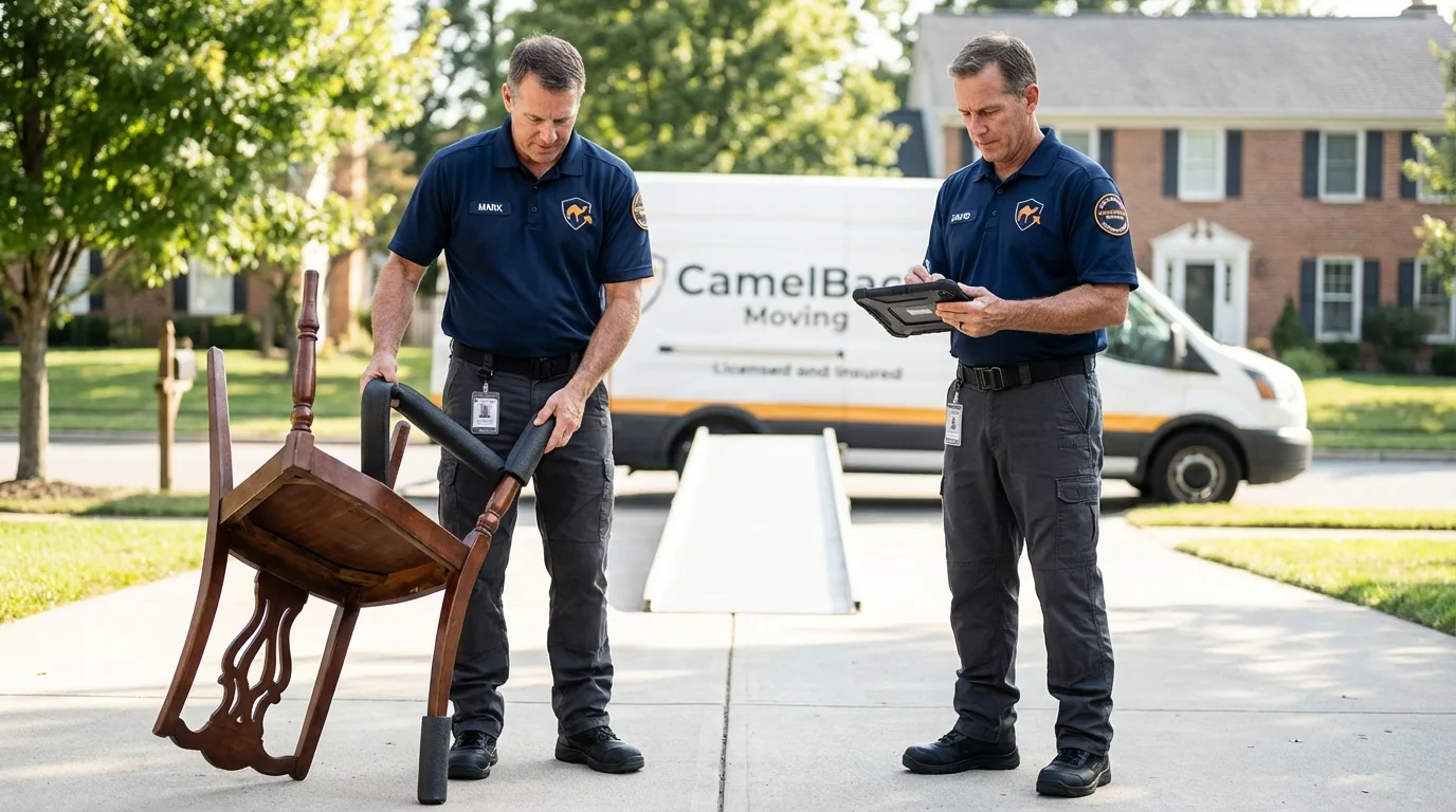 Movers inspecting furniture for damage prevention before loading in Ashville, AL